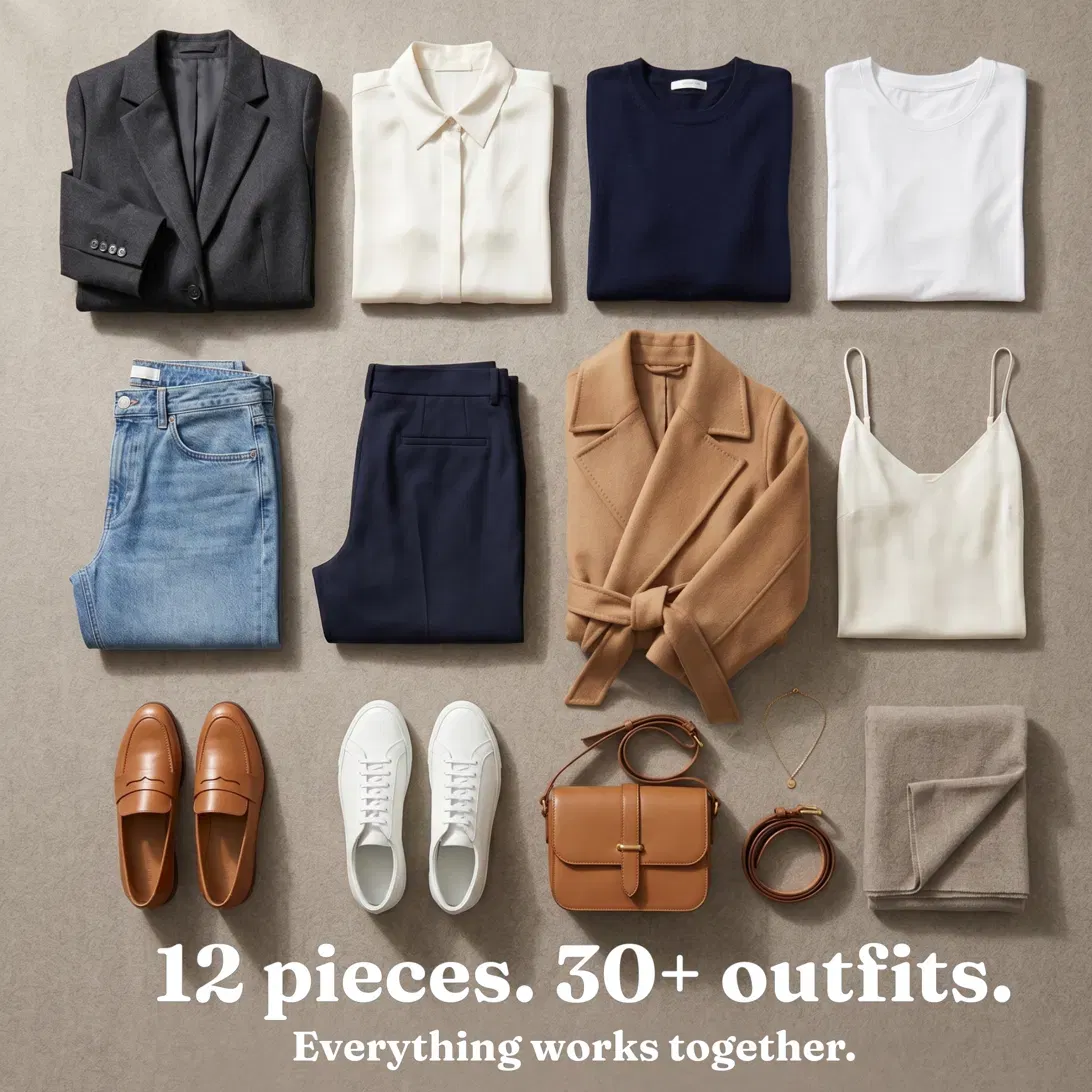 Sarah's capsule wardrobe flat-lay of coordinated pieces